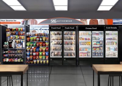 Deluxe micro market display for S&S Activewear with branded wraps and vending layout
