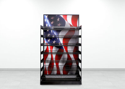 Lock N Load micro market fixture with American flag themed wrap and modular layout