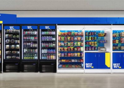 Premier micro market display at Best Buy with custom vending graphics and beverage coolers