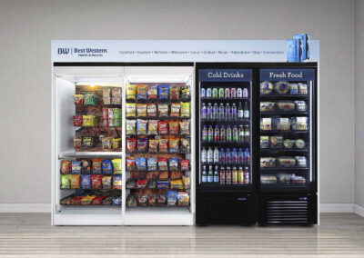 Premier micro market fixture installed at Best Western with modular snack shelving and drink coolers