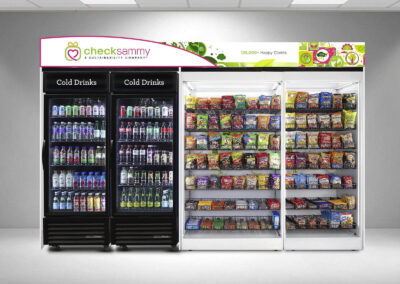 Premier vending station at Check Sammy with branded shelving and full beverage setup