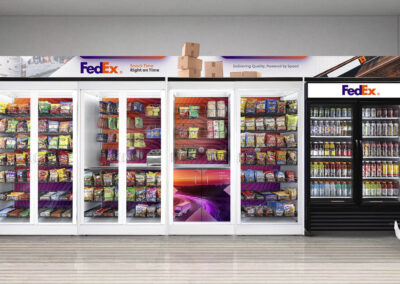 Premier vending fixture for FedEx with full wall of coolers, snacks, and custom area branding