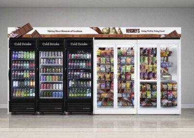 Premier micro market for Hershey’s featuring snack display shelves and branded coolers