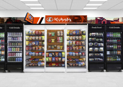 Premier vending setup at Kubota with branded shelving and dual drink cooler units