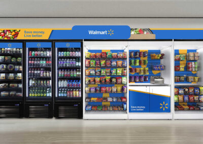 Premier vending display at Walmart with drink coolers, product wraps, and snack modules