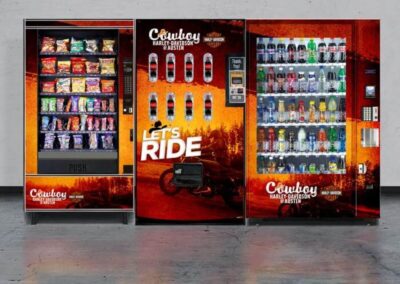 Custom vending machines wrapped in branded graphics at Cowboy Harley-Davidson