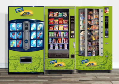 Custom vending wrap system at Perdue facility with produce and snack merchandising
