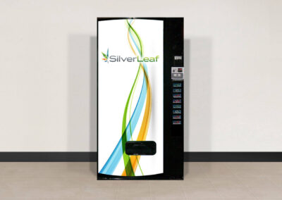 Sleek vending machine with minimalist green-and-white Silverleaf branding