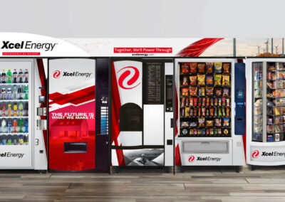 Red and white vending machines installed at Xcel Energy breakroom