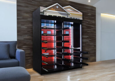Magnetic header cooler and shelving display in modern office lounge, great for micro markets, vending machines, and AI coolers